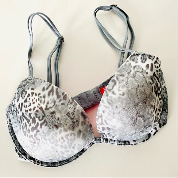 NEW VS VICTORIAS SECRET Grey White Animal Cheetah Print Push Up Hot Pink Bra 32D - Picture 1 of 6